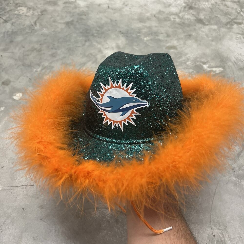 RARE Miami Dolphins NFL FOOTBALL Teal Orange Cowboy Cowgirl Hat Bedazzled